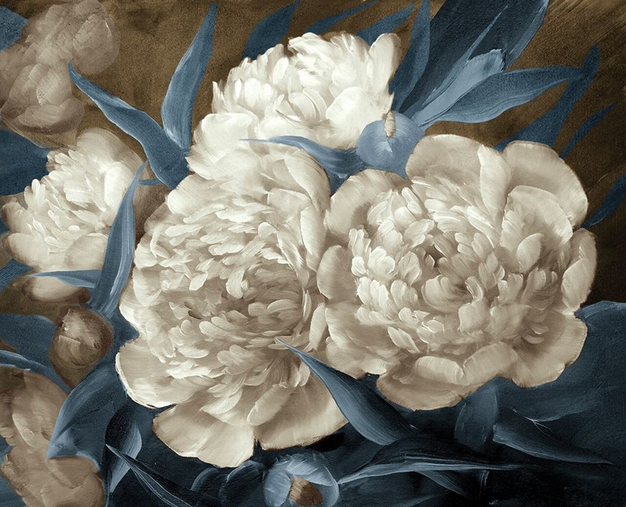 Peonies painting in blue-brown Poster Print by Anonymous Anonymous - Item # VARPDXFAF1299